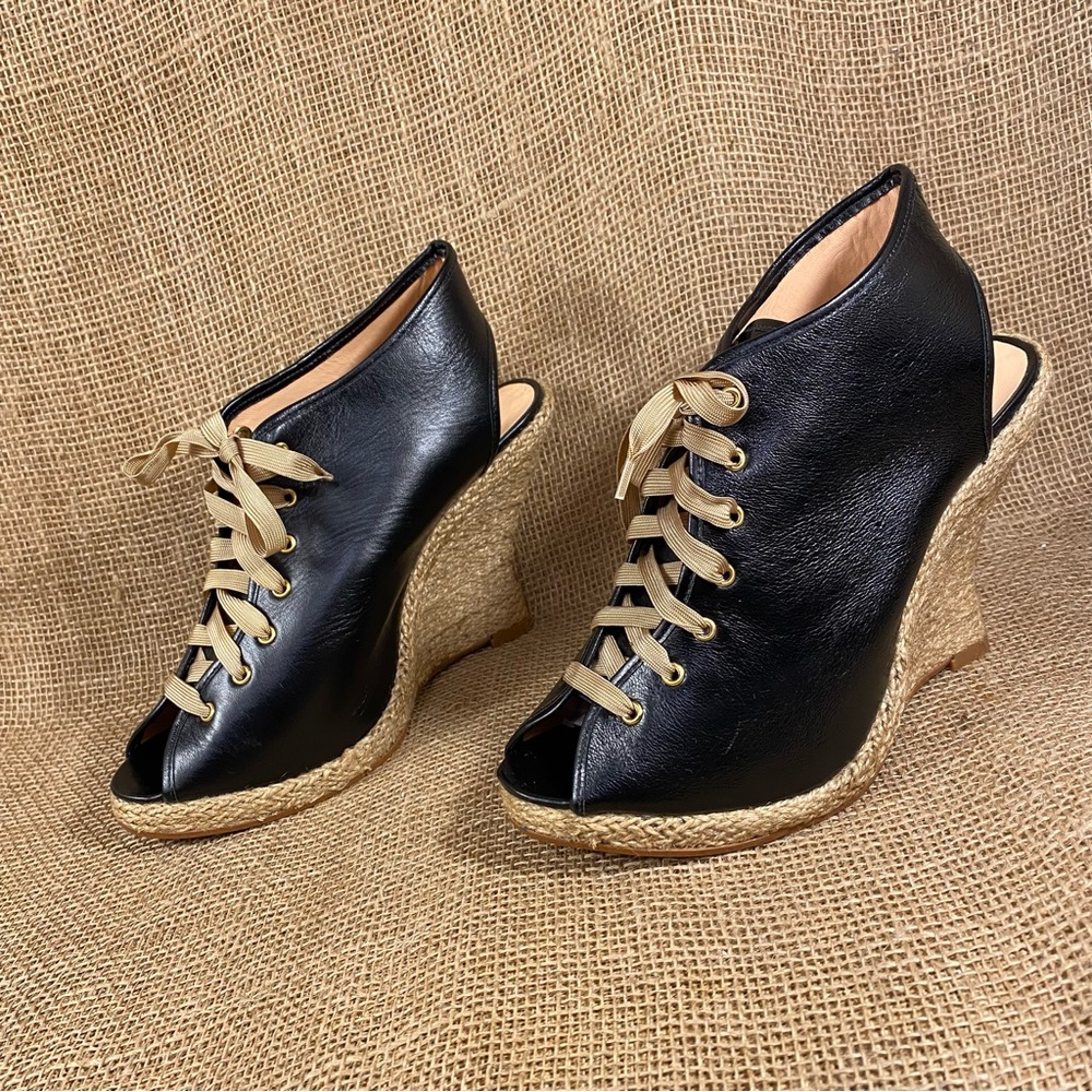 Ankle Boots Black Wedges Leather High Heels Tie Up Luiza Barcelos  Size 9.5 B